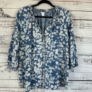 Women's Intro Blue Chambray White Floral Flowy Boxy V Neck Button Up Boho Top L
